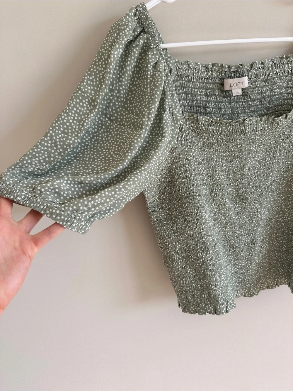LOFT Sage Green Smocked Square Neck Cropped Puff Sleeve Blouse